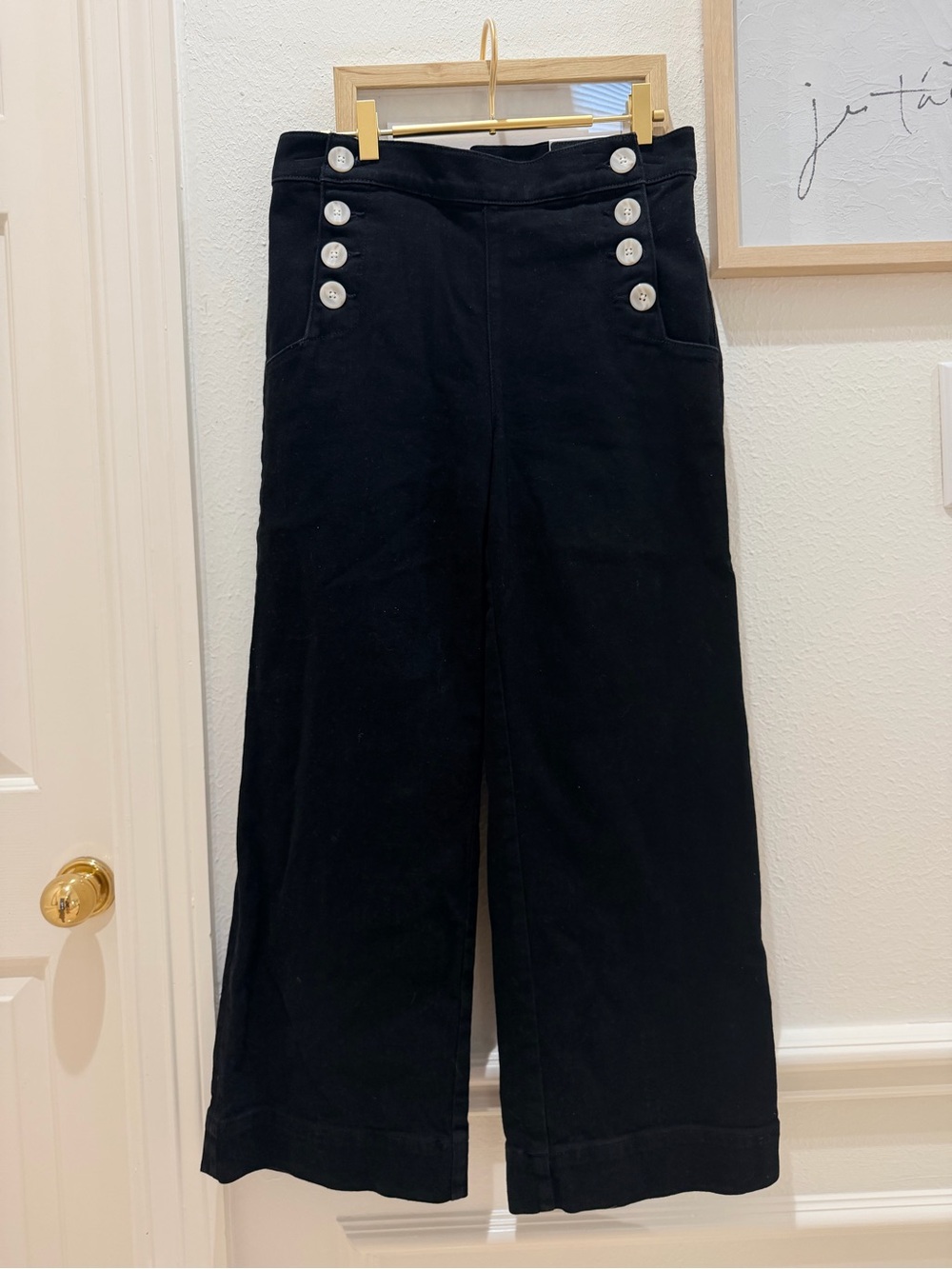 Loft Wide-Leg, High Waist, Button Front, Flare Crop, Black Denim Pants
